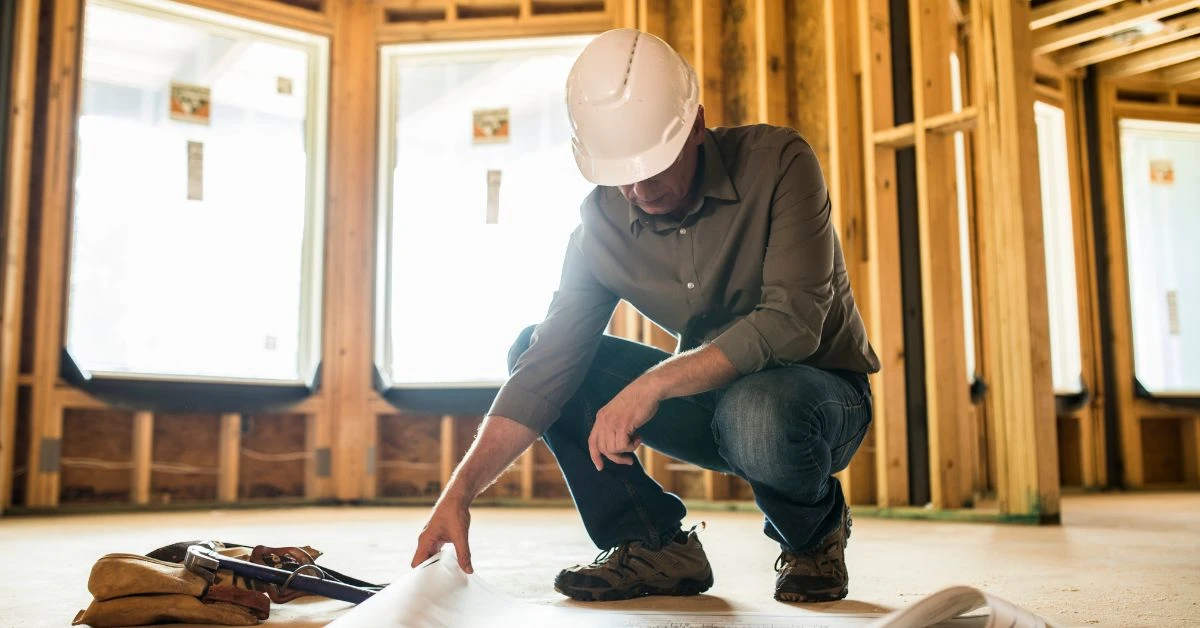 Multifamily general contractors reviewing construction plans inside a building under development.