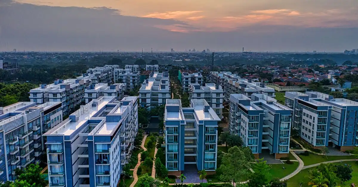 Aerial view of modern facilities built through retirement community development projects.