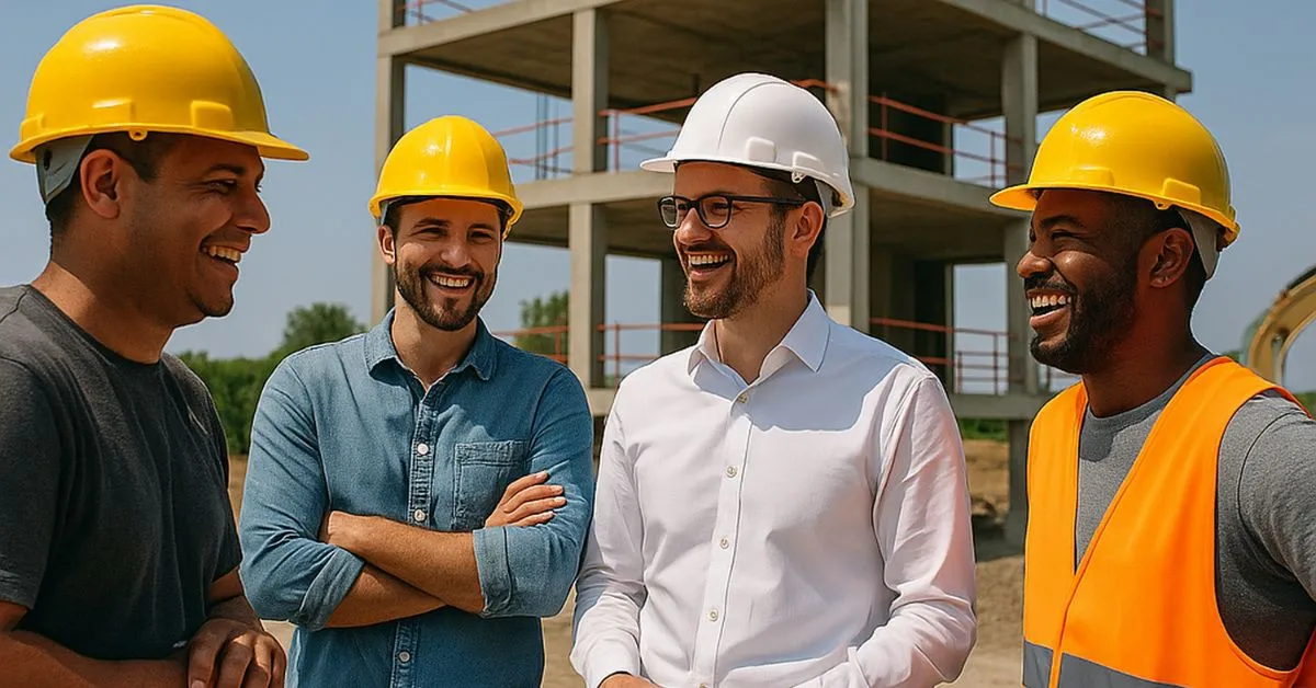 Four construction workers pose for a photo in front of a multi-family development in Florida.