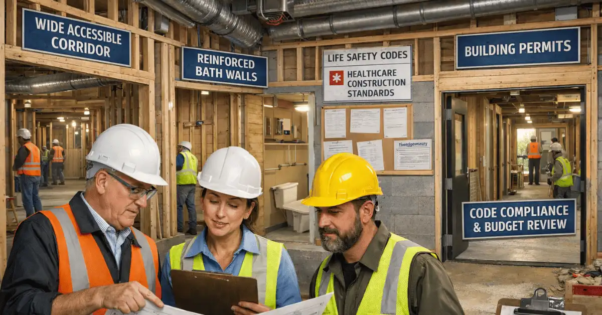Construction workers and developers discussing 3 Things Developers Cannot Overlook in Senior Living Construction.