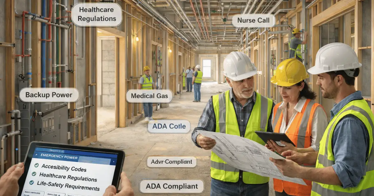 Construction workers with word bubbles showing what challenges make Senior Living Construction different.