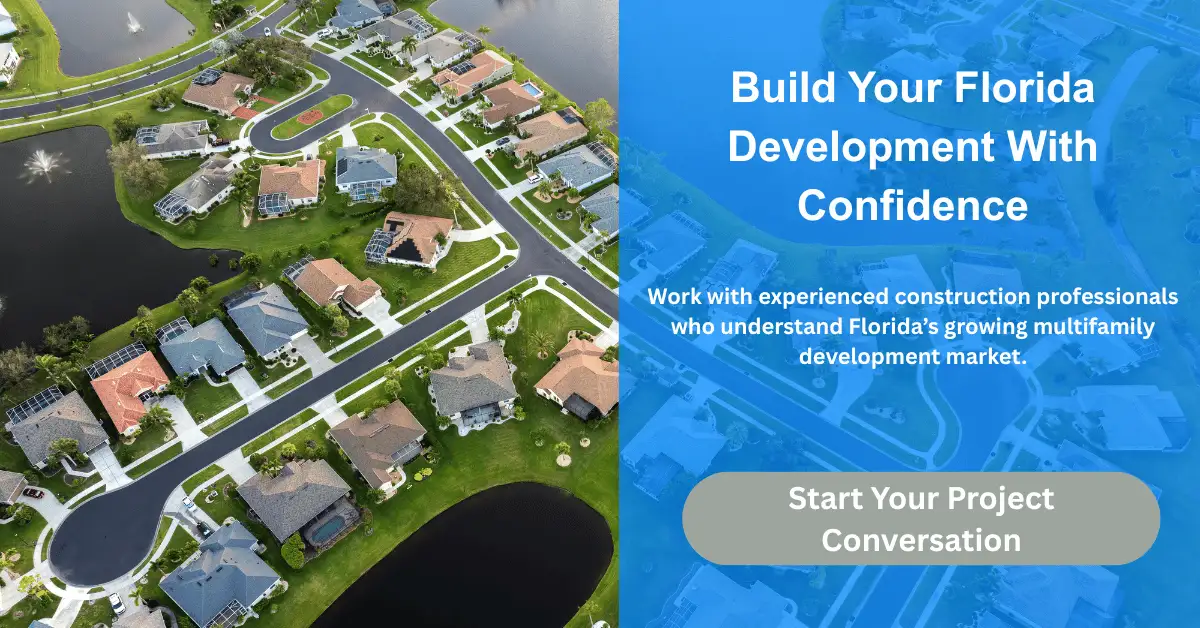 Aerial view of Florida residential neighborhood with overlay text ‘Build Your Florida Development With Confidence’ and call-to-action button.