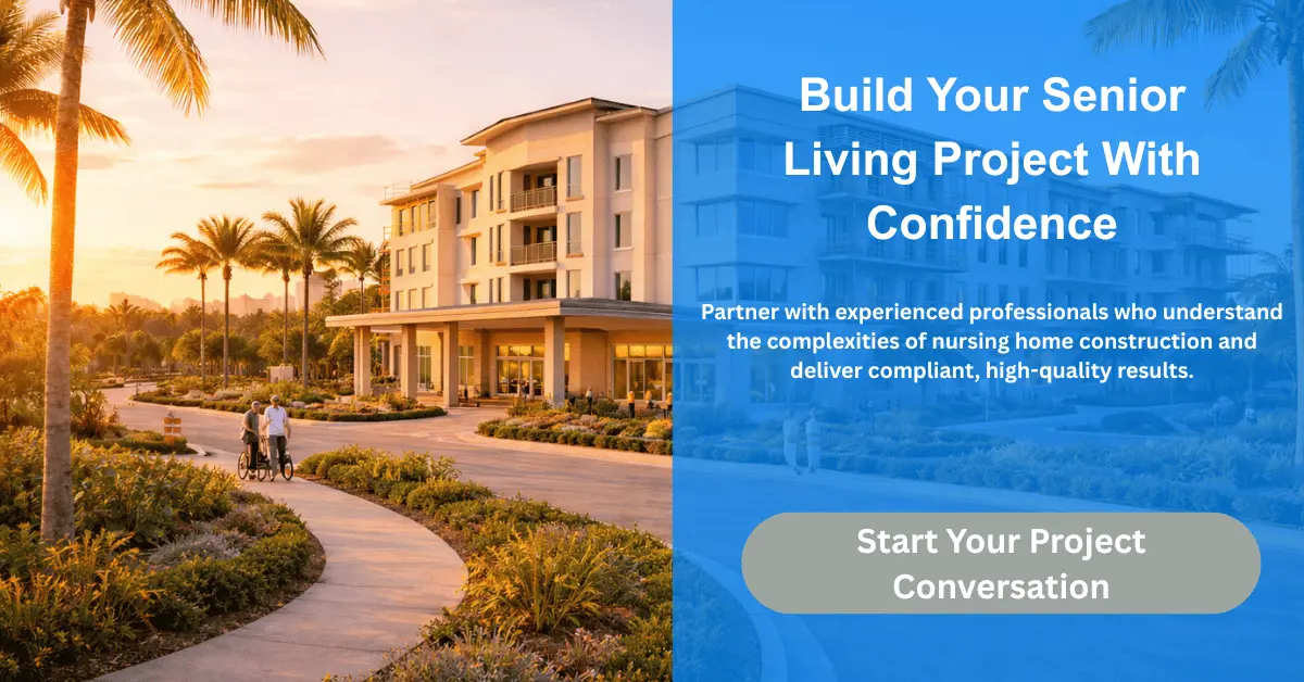 Senior living community with call-to-action text encouraging project planning with experienced construction professionals.