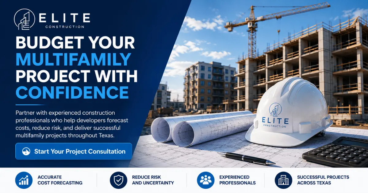CTA - Budget Your Multifamily Project With Confidence Multifamily project budgeting graphic with construction site, blueprints, hard hat, calculator, and project consultation CTA.