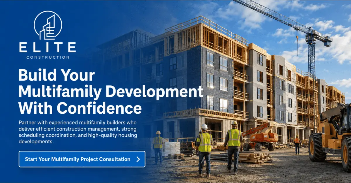 Elite Construction multifamily development consultation graphic with apartment construction site.