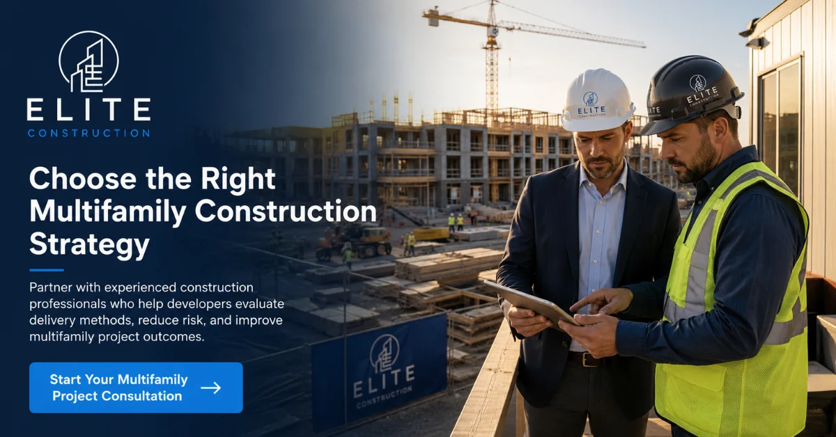 ELITE Construction graphic showing multifamily construction professionals reviewing project details at an active jobsite.