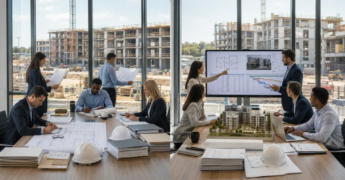 Split-view image showing multifamily project planning under traditional general contractor and design-build delivery models.