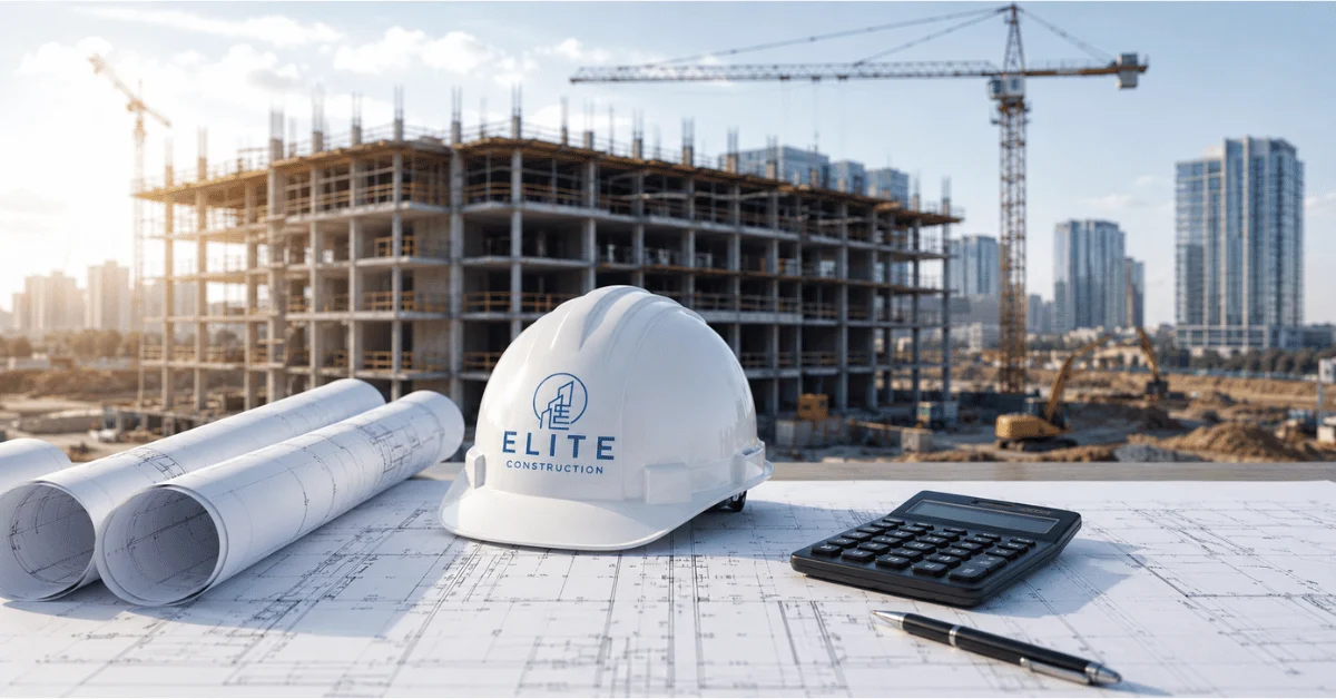 Blueprints, hard hat, calculator, and active multifamily construction site representing developer cost planning.