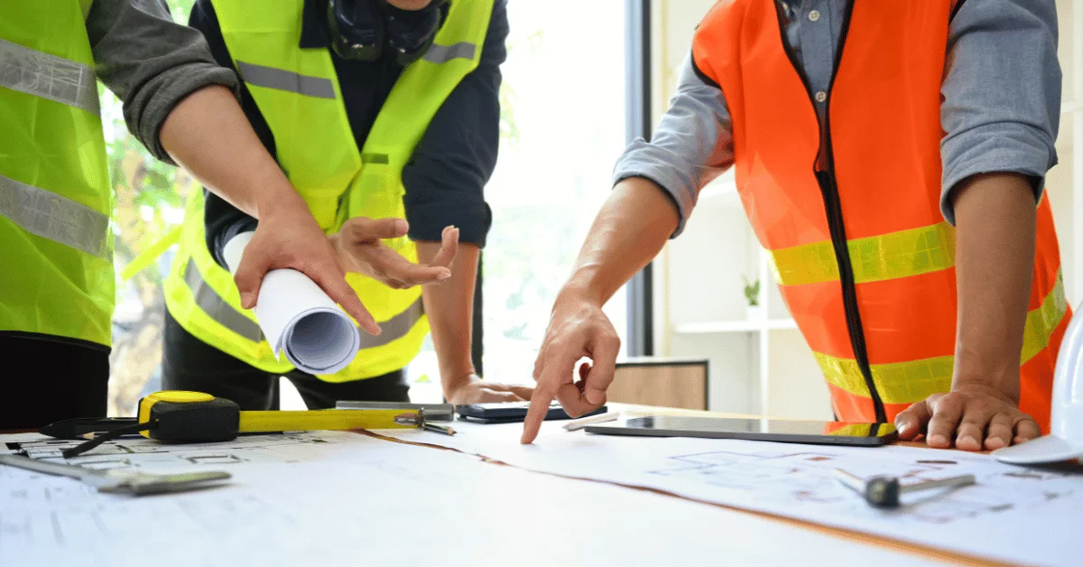 Construction professionals reviewing project plans and budget documents.