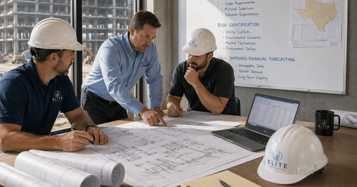 Construction professionals reviewing multifamily blueprints and risk factors during preconstruction planning.