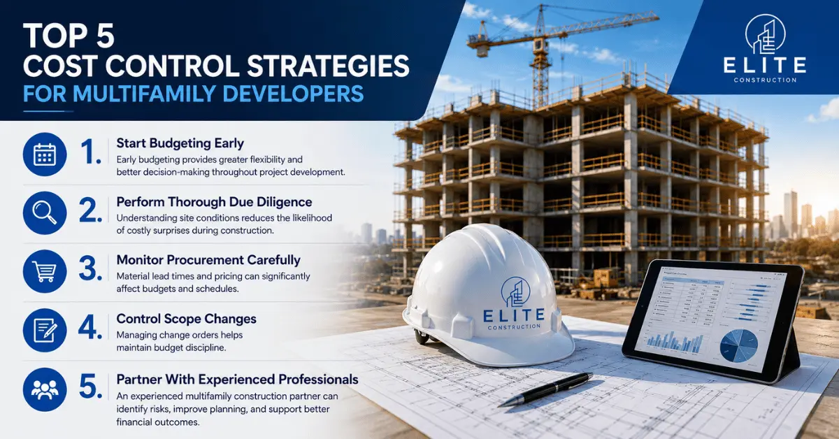 Infographic showing cost control strategies for multifamily developers, including budgeting, due diligence, procurement, and scope control.