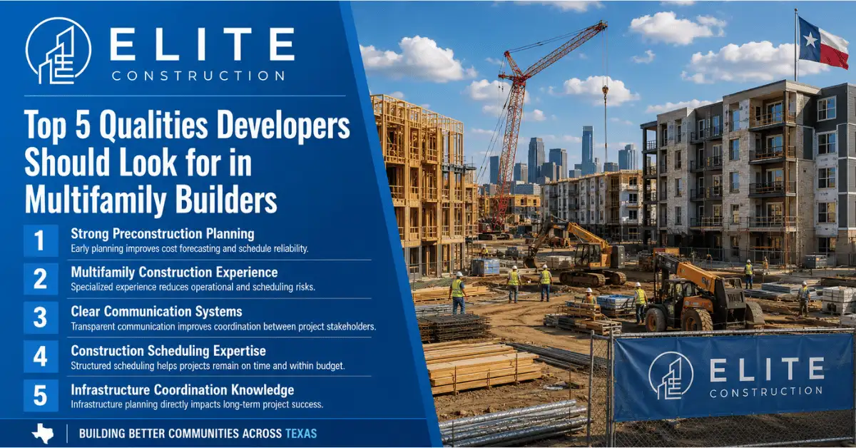 Elite Construction graphic showing top qualities developers should look for in multifamily builders.