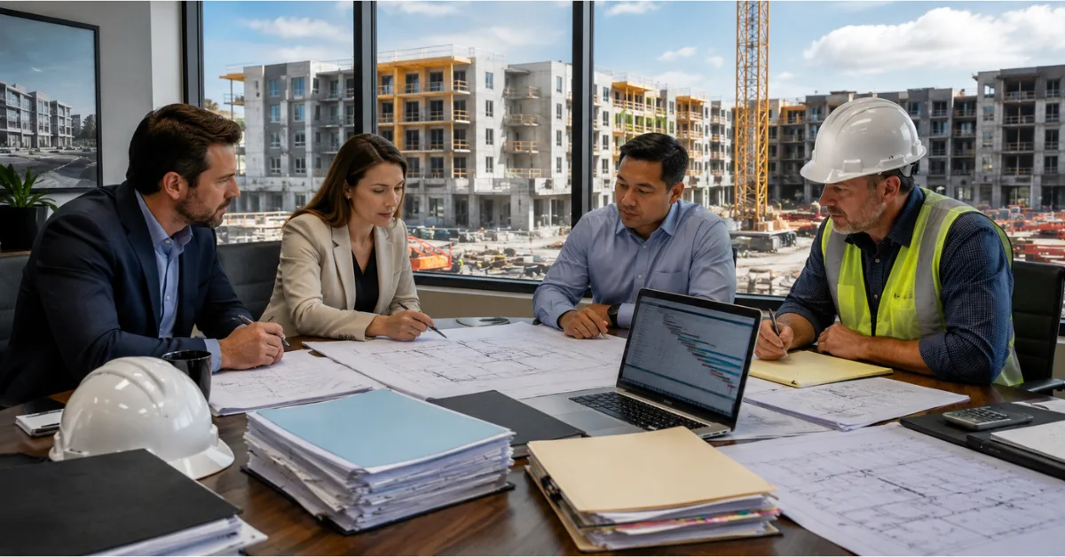 Project team reviews schedules, drawings, and construction documents for a multifamily project under a general contractor model.
