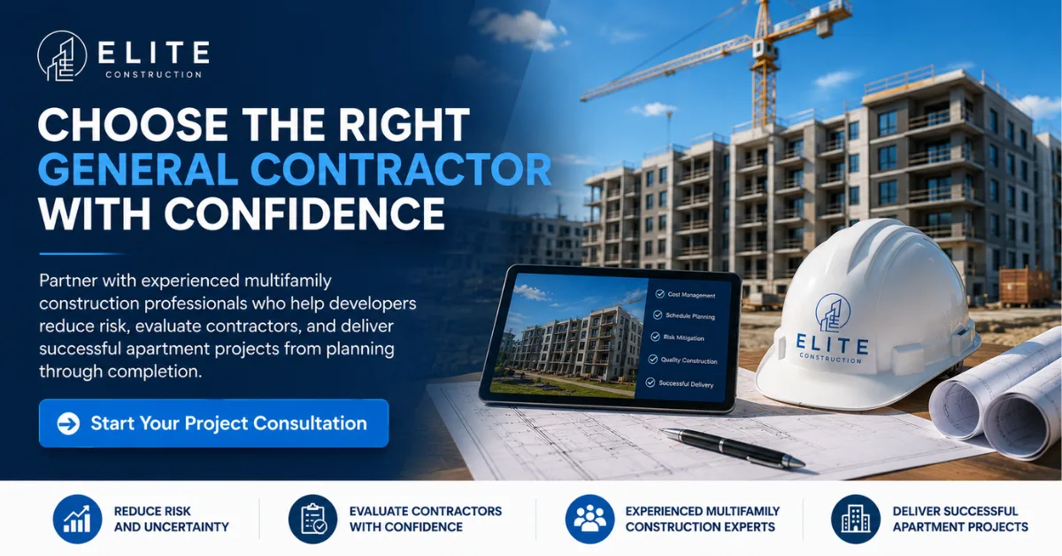 CTA - Choose the Right General Contractor With Confidence Elite Construction graphic showing multifamily construction plans, hard hat, tablet, and jobsite background for choosing a general contractor.