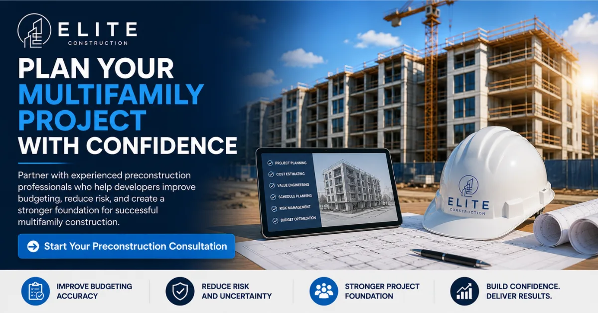 CTA - Plan Your Multifamily Project With Confidence Elite Construction graphic showing preconstruction planning tools, blueprints, hard hat, tablet, and active multifamily construction site.