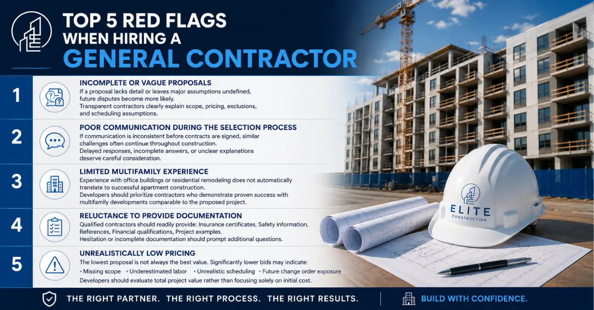 Infographic showing red flags to watch for when hiring a general contractor, including vague proposals, poor communication, limited experience, missing documentation, and low pricing.