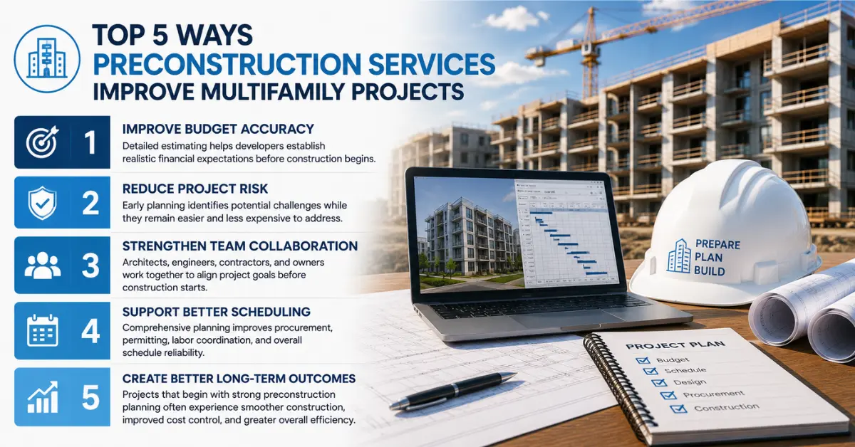 Infographic explaining how preconstruction services improve multifamily projects through budgeting, risk reduction, collaboration, scheduling, and long-term planning.