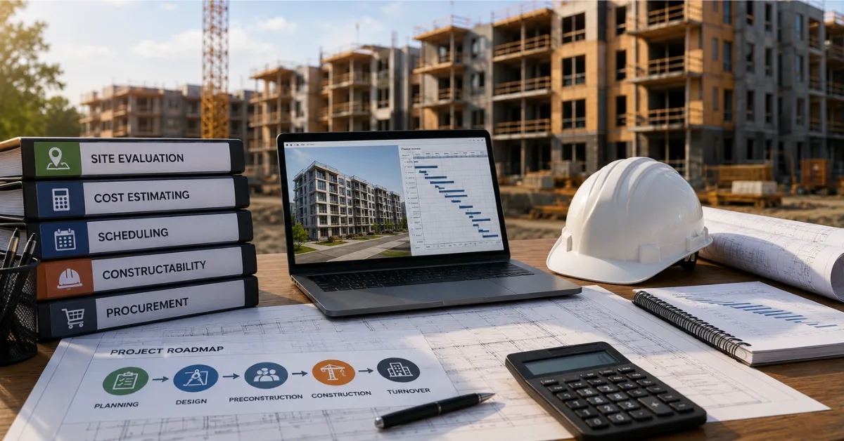 Preconstruction planning materials with site evaluation, cost estimating, scheduling, constructability, procurement, blueprints, laptop, and hard hat at a multifamily jobsite.